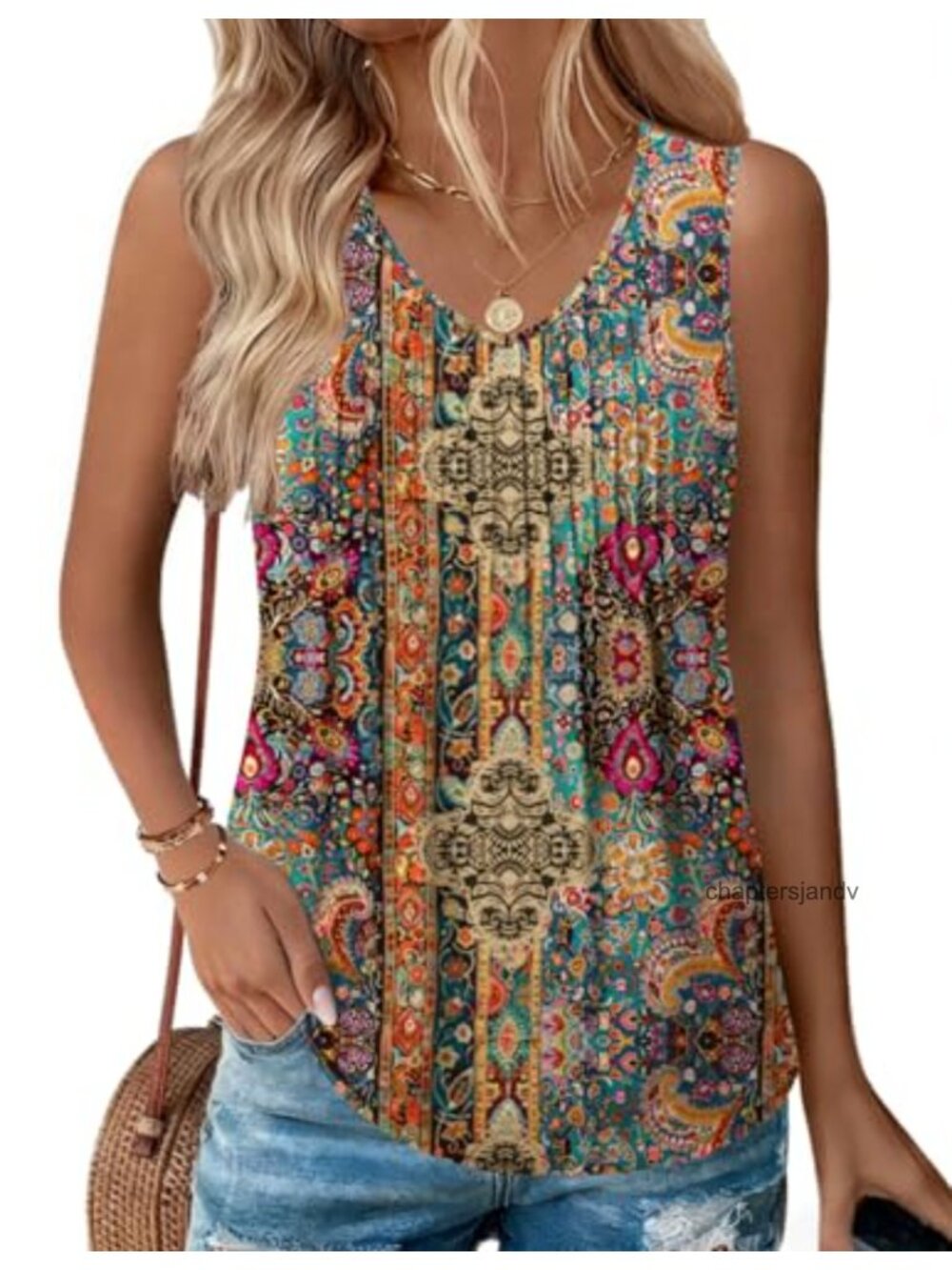 Pleated V-Neck Sleeveless Tank Top Loose Fit Flowy Boho Summer